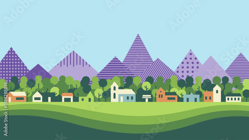 Modern vector village landscape: Abstract townscape with geometric purple mountains, lush green rolling hills, and colorful flat design houses.