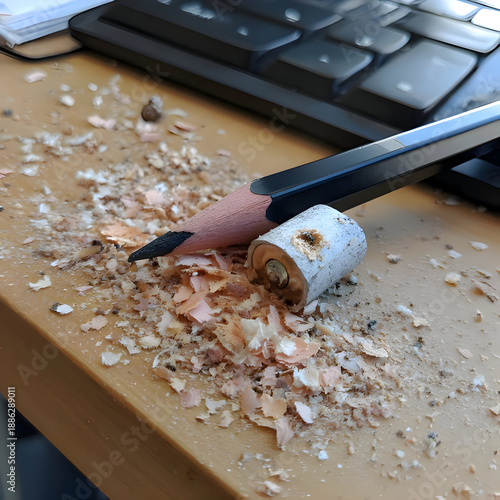 Pencil Shavings Near Keyboard on Office Desk