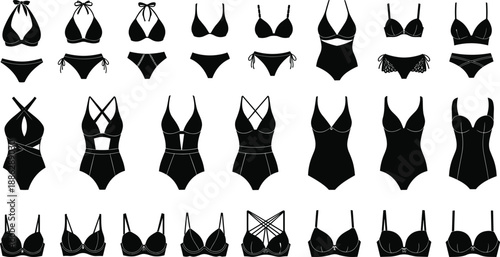 Collection of black vector women swimwear silhouettes featuring bikinis, one piece suits and lingerie items isolated on white background for summer fashion design elements