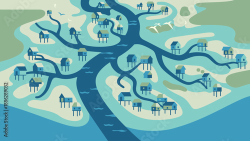 Stilt Houses Village Map. Abstract Vector Illustration of Palafittes Settlement in a Blue River Delta Network.