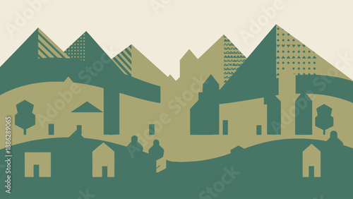 Abstract Geometric Village Landscape Illustration with Colorful Houses, Rolling Green Hills, and Textured Purple Mountains Panorama