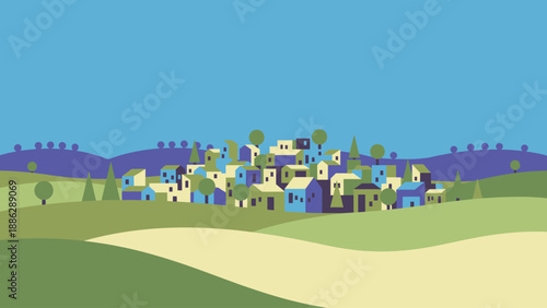Minimalist Flat Design Village Vector Illustration. Colorful Mediterranean Townscape on Rolling Green Hills Landscape.