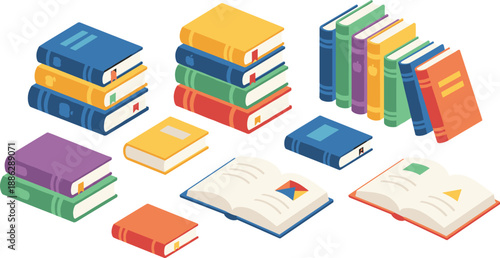 Books and Reading Illustration Set Featuring Stacked Books and Open Books in Flat Vector Style