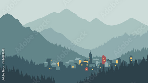 Minimalist Alpine Village in Blue Mountain Valley. Flat Vector Landscape of Forest, Cozy Houses, and Misty Layers at Dusk.