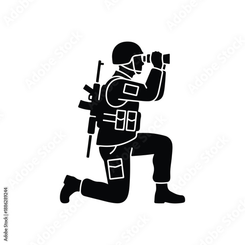 Soldier kneeling on one knee using binoculars to observe surroundings during a tactical operation