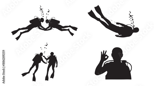 Scuba divers in various poses in black silhouette on white background for adventure travel