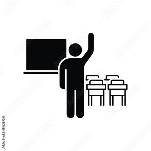 Teacher standing in front of classroom with raised hand near projector screen and desks