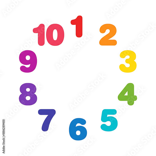 Colorful Numbers Arranged in a Circle on White.