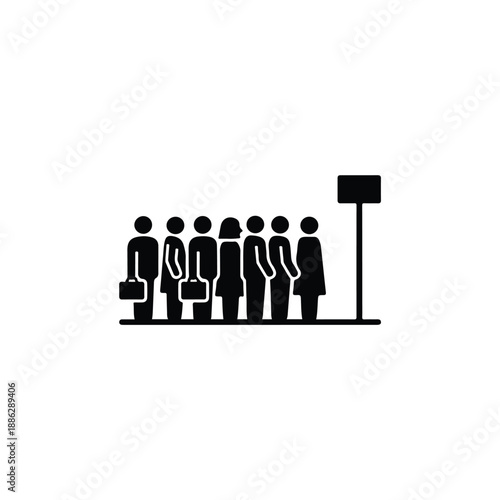 Group of people waiting in a queue at a bus stop with briefcases