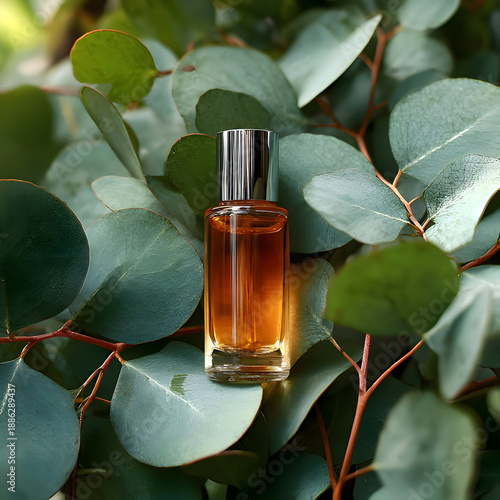 Luxury Perfume Bottle Surrounded by Fresh Green Leaves
