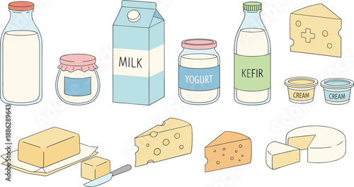 Dairy Food Products Illustration Set Featuring Milk, Yogurt, Kefir, Cheese, Butter, and Cream in Flat Vector Style