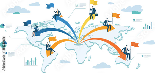 Global Expansion & Strategy: A dynamic illustration captures the essence of global business expansion, with figures on arrows charting strategic pathways across the globe.