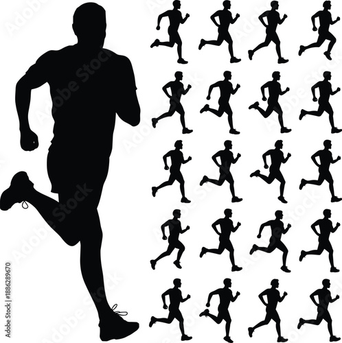 Black Silhouette Set of Male Runners Group Running, Sprinting, and Jogging Isolated on White Background for Fitness, Sport, and Health
