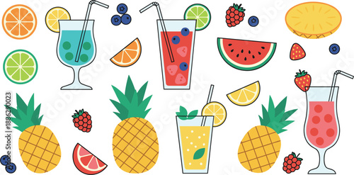 Fresh Fruit and Summer Juice Illustration Set Featuring Pineapple, Watermelon, Citrus, Berries, and Colorful Drinks in Flat Vector Style