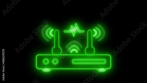 Neon-style animation of a Wi-Fi router with signal waves