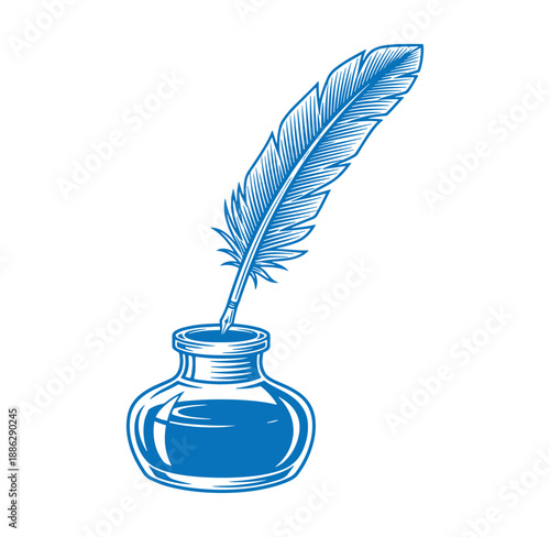 blue inkwell with a quill pen on white background for writing and drawing
