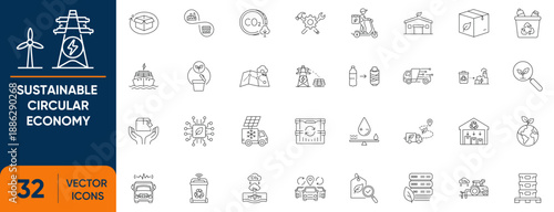 Sustainable Circular Economy Logistics line Icon Set. Containing icons of Sustainability, reusing, recycling, ecology and more. Editable vector icons collection.