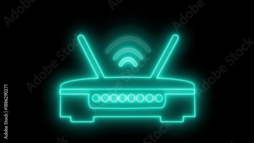 Glowing neon outline of a Wi-Fi router with signal waves animation on black background