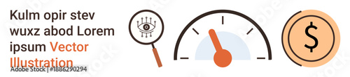 Financial analysis, business efficiency, profit tracking, performance optimization, market research, and goal setting. Magnifying glass, speedometer and dollar sign illustration. Business efficiency