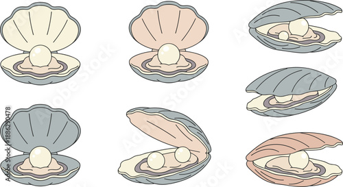 Pearl Oyster Illustration Set Featuring Open Seashells with Pearls in Flat Vector Style