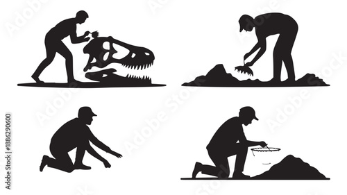 Archaeologist excavating fossil in rugged terrain with dramatic lighting on textured background for educational use