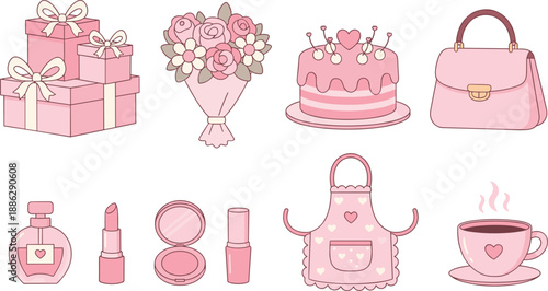 Pink Mother’s Day Gift and Celebration Illustration Set Featuring Cake, Flowers, Cosmetics, and Accessories in Flat Vector Style
