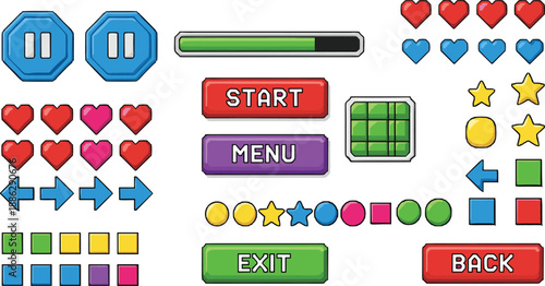 Cartoon game UI icon set, colorful buttons, progress bar, hearts, stars, arrows and tiles, start menu, menu and exit buttons, collectible icons