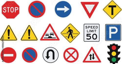 Road traffic sign collection, regulatory warning and informational symbols including stop, yield, speed limit, parking, directional and hazard icons for signage design