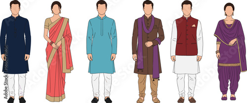 Traditional South Asian ethnic clothing set, men and women in sari, kurta, sherwani and salwar kameez, formal cultural attire vector illustration