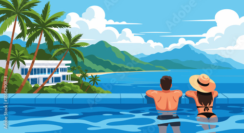 Couple relaxing in a swimming pool overlooking a tropical bay, vector illustration