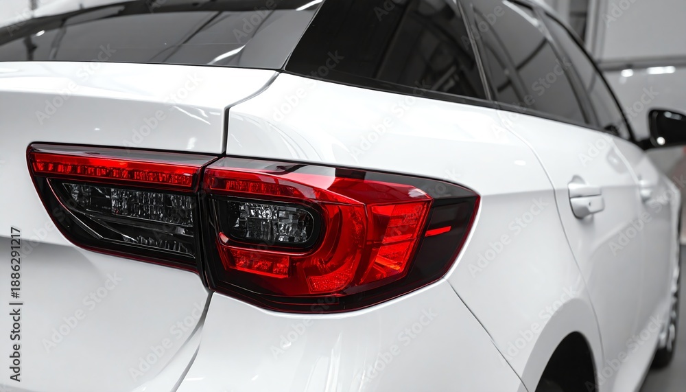 Fototapeta premium Modern white car rear light illuminated in daylight, showcasing clear lines, glossy paint, and premium automotive design details for transportation or technology themes.