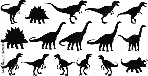 Collection of diverse black dinosaur silhouettes featuring tyrannosaurus rex, stegosaurus and diplodocus isolated on white background, suitable for jurassic era history vector illustration designs.