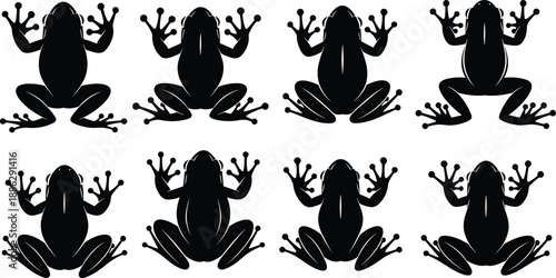 Collection of eight black vector frog silhouettes top view isolated on white background for nature design elements, amphibian logos and wildlife graphic illustrations