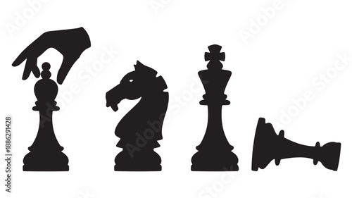 Chess pieces in strategic move with hand intervention in black silhouette on white background for business strategy