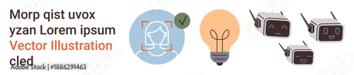 Identity verification, technology education, AI development, innovation, robotics, digital solutions. Face scan icon, lightbulb symbol and robot design. Identity verification and technology