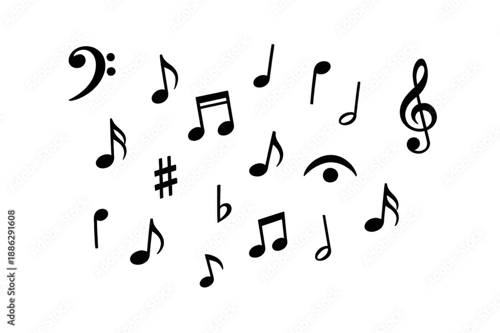 Fototapeta premium Musical notes and symbols icon set creating design elements for music, sounds, songs, and creativity on a transparent background