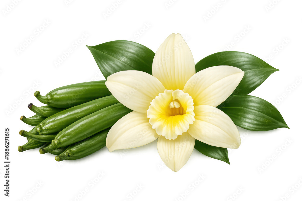 Fototapeta premium Vanilla flower with fresh green pods and leaves, natural organic aroma and flavor ingredient