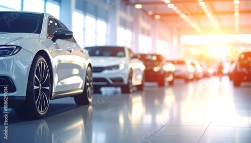 Modern car dealer showroom sunlight, glossy floors and new vehicles create a welcoming, bright, and professional business environment for customers and automotive sales.