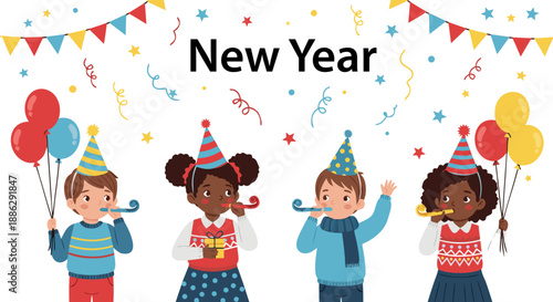 New Year Celebration Vector Illustration with Happy Kids Wearing Party Hats and Blowing Horns, Festive Confetti and Balloons - Vector Art