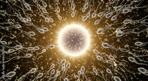 Microscopic Fertilization: A depiction of human reproduction with sperm cells approaching an ovum