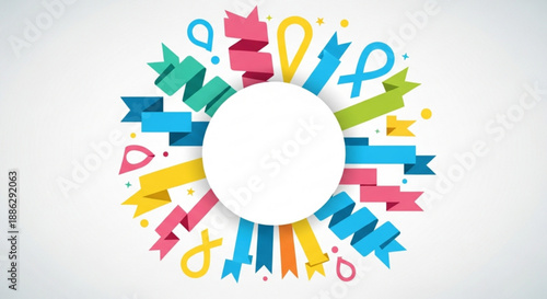 Colorful ribbon banner symbols surround white circle on gray