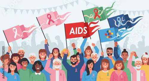 Diverse crowd holds aids awareness flags in solidarity