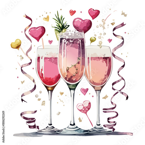 Valentines Champagne Flutes Watercolor Vector Illustration – Romantic Toast Celebration Set