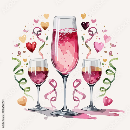 Valentines Champagne Flutes Watercolor Vector Illustration – Romantic Toast Celebration Set