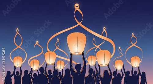 People releasing glowing lanterns at dusk with swirling ribbons