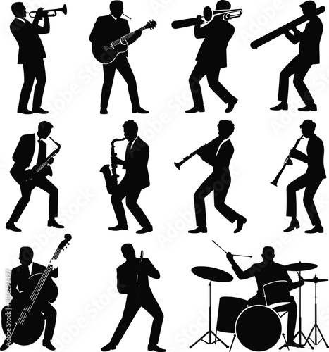 Silhouette set of professional jazz musicians playing trumpet, trombone, saxophone, clarinet, guitar, double bass and drums on white background, musical.