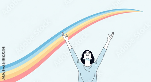 Woman rejoices under rainbow symbol of hope and freedom outdoors