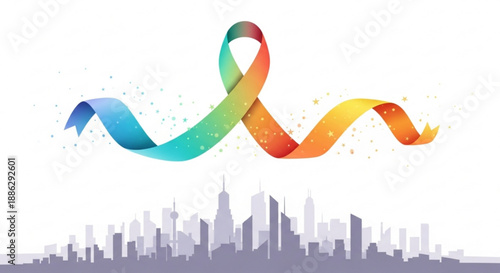 Rainbow ribbon flows over city skyline at sunset