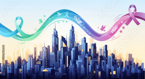 City skyline with colorful ribbon and awareness symbols at sunset