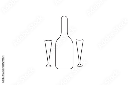 Bottle and wine glasses continuous one line drawing minimalist outline
